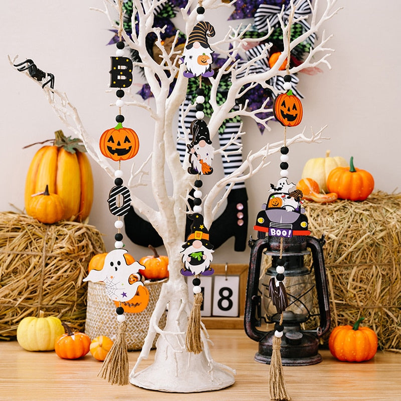 Cute Halloween wooden beads pendant hanging ornaments gnome pumpkin bat ghost (TakaraCorner.com)