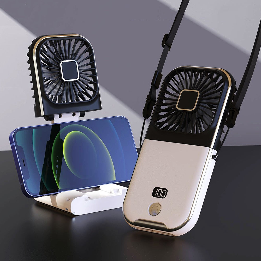 Mini neck hanging fan power bank phone holder (TakaraCorner.com)