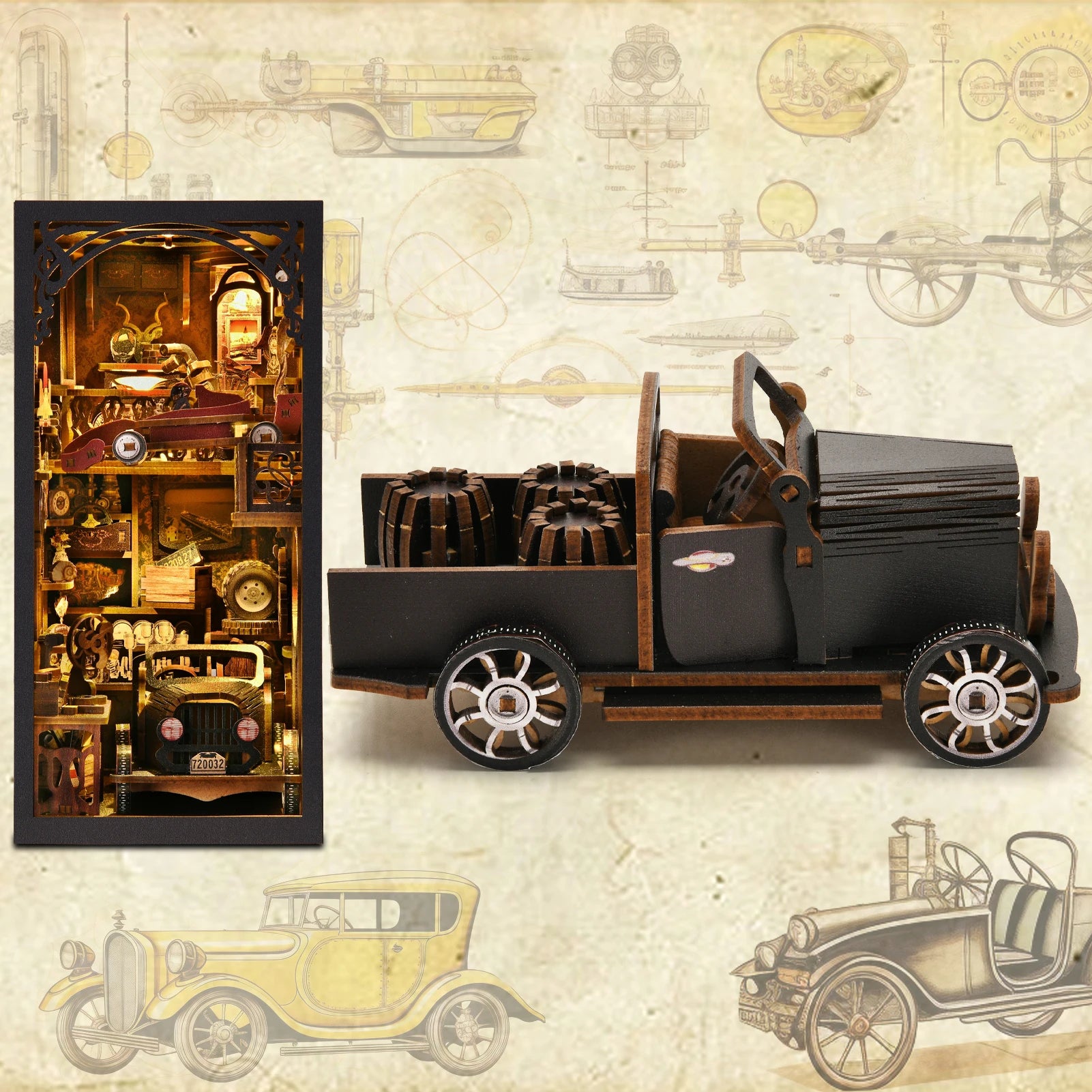 Wooden Puzzle Book Nook - Vintage Classic Car