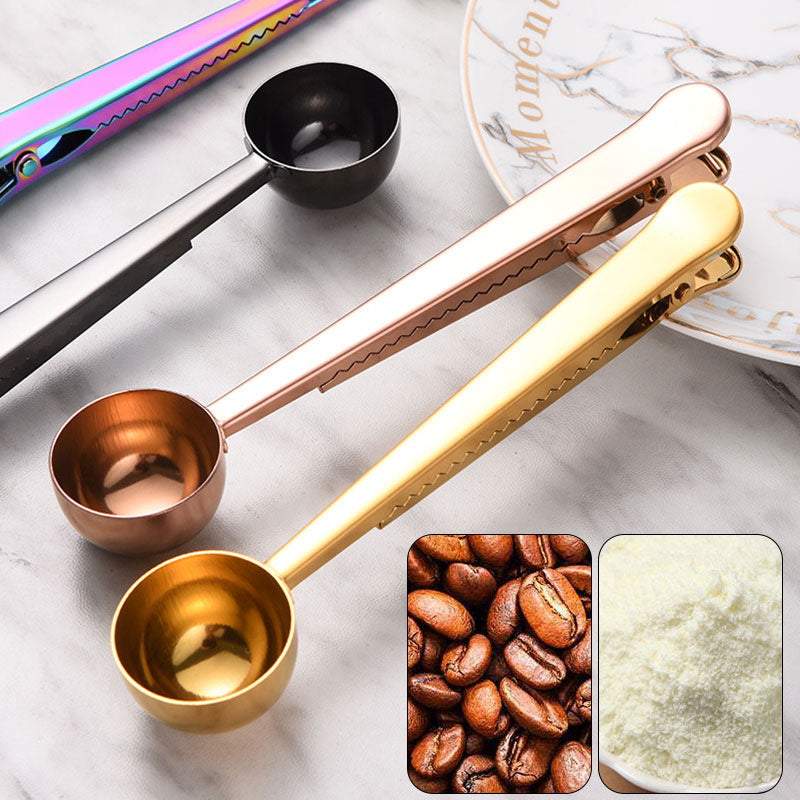 two in one stainless steel sealing clip measuring spoon for coffee tea (TakaraCorner.com)