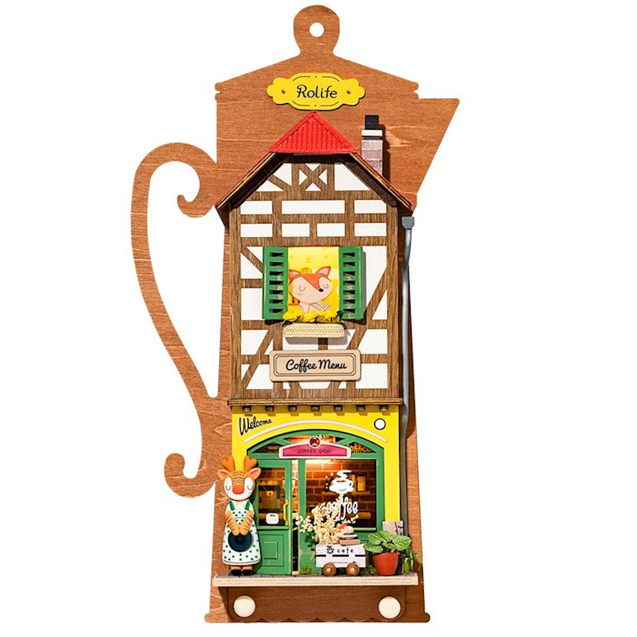 Wooden Wall Hanging Miniature House With Furniture & Lights - Cozy Coffee House