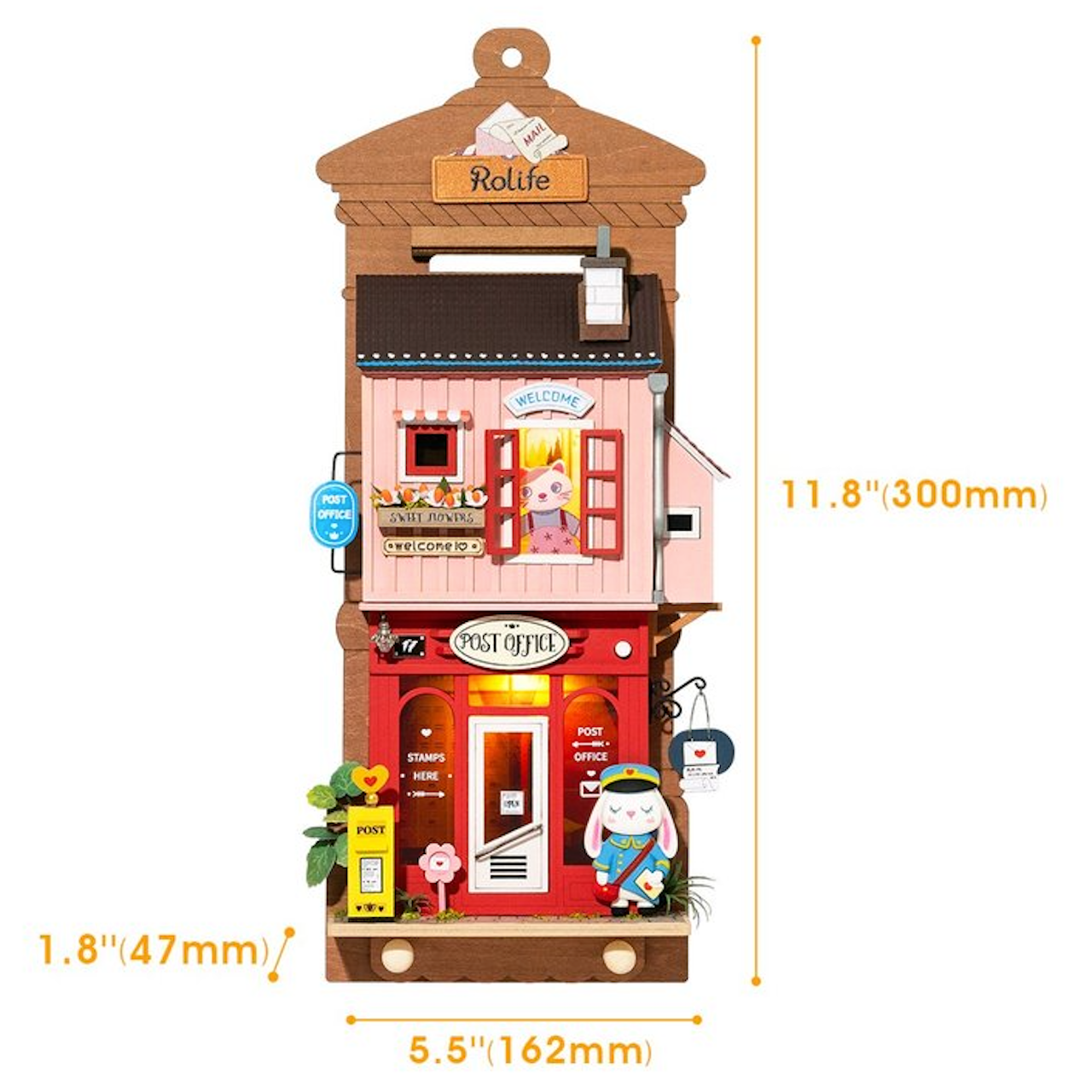 Wooden Wall Hanging Miniature House With Furniture & Lights - Post Office