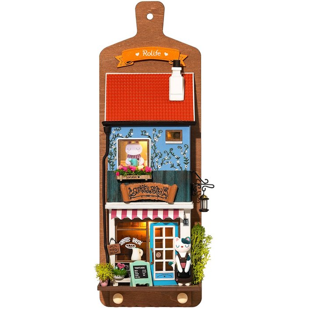 Wooden Wall Hanging Miniature House With Furniture & Lights - Bakery