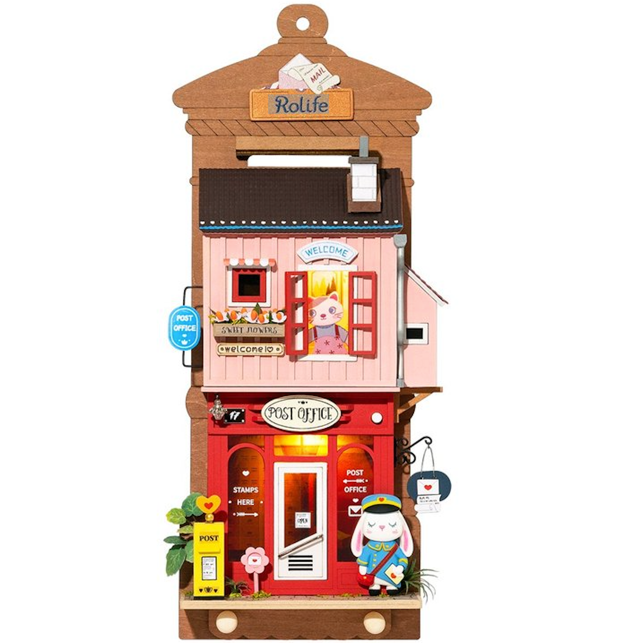 Wooden Wall Hanging Miniature House With Furniture & Lights - Post Office