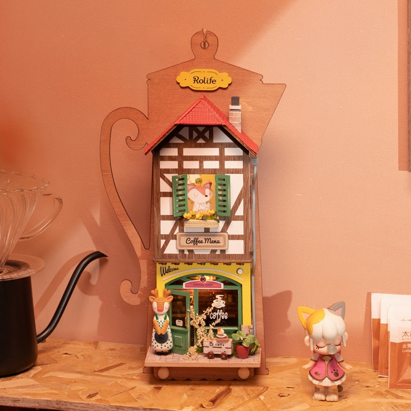 Wooden Wall Hanging Miniature House With Furniture & Lights - Cozy Coffee House