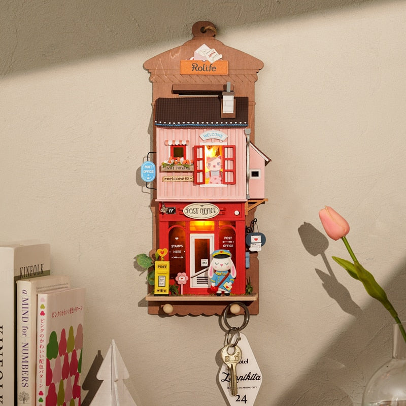 Wooden Wall Hanging Miniature House With Furniture & Lights - Post Office