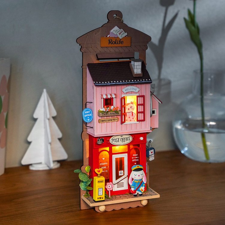 Wooden Wall Hanging Miniature House With Furniture & Lights - Post Office