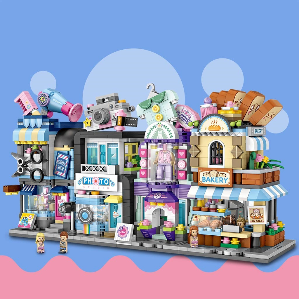 DIY Miniature Block Dollhouse Modern Street View Barber Shop Bakery Photo Shop Cloth Store (TakaraCorner.com)