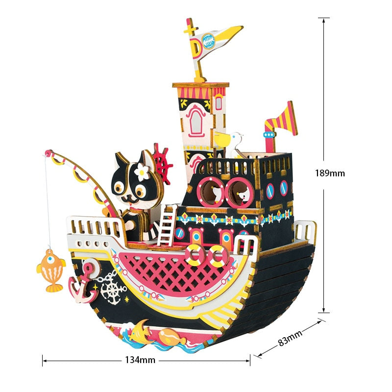 Wooden Puzzle Music Box - Fishing Kitty Ship